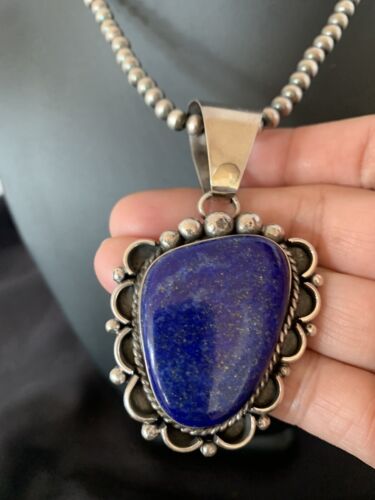Native American Navajo Blue Lapis Pendant Necklace | Sterling Silver | Authentic Handmade | 11849 - Masha USA