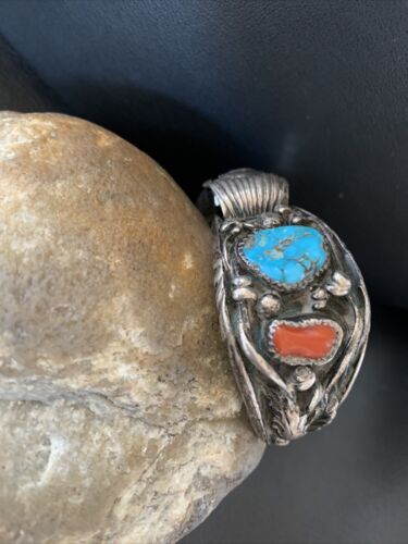 Navajo Sterling Silver Watch Tips | Old Pawn Turquoise & Coral Band | Authentic Native American Jewelry | 1439