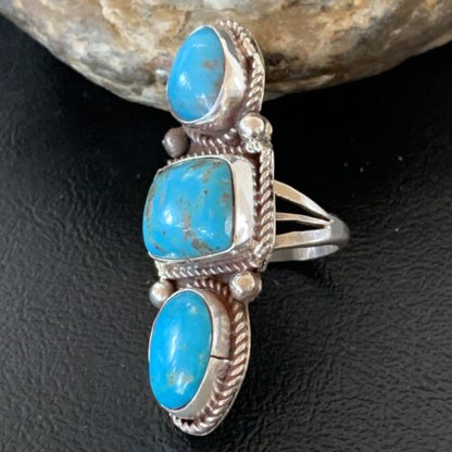 Navajo Blue Turquoise Cluster Ring | Authentic Native American Sterling Silver | Multi-Stone | Sz 10 | 2119