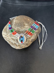 Multi-Color Liquid Silver Heishi 5-Strand Necklace | Sterling Silver Pendant | 14823