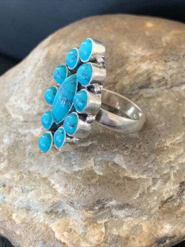 Navajo Blue Cluster Turquoise Ring | Authentic Native American Sterling Silver | Multi-Stone | Sz 8 | 12307