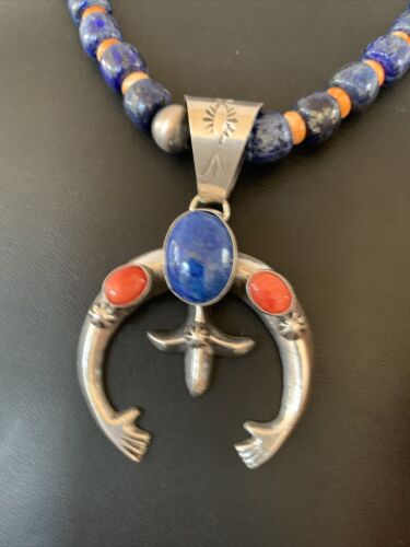 Navajo Blue Lapis Spiny Oyster Naja Pendant | Sterling Silver | Authentic Native American Handmade | 11494