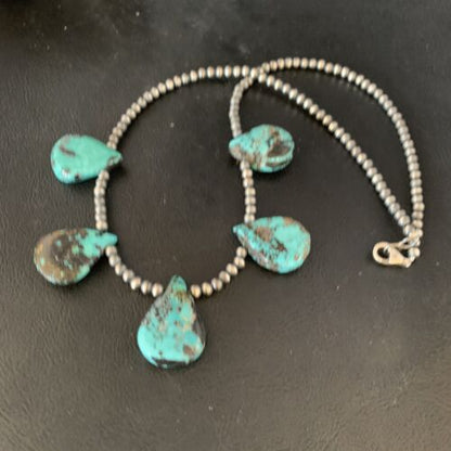 Navajo Teardrop Blue Turquoise Necklace | Sterling Silver Pearls | 20" | Authentic Native American Handmade | 13961