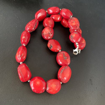 Navajo Red Coral Bead Necklace | Sterling Silver | 20" | Authentic Native American Handmade | 13409