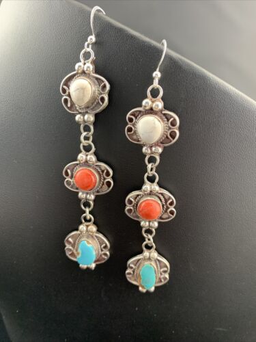 Navajo Spiny, Turquoise & Howlite Dangle Earrings | Sterling Silver | Authentic Native American Handmade | 1614