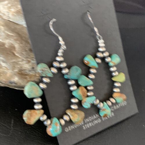 Navajo Green Cluster Turquoise Bead Earrings | Sterling Silver | Authentic Native American Handmade | 13370