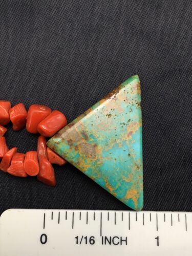 Navajo Kingman Turquoise and Coral Pendant Necklace | Brass | 19" | Authentic Native American Handmade | 4030 - Masha USA