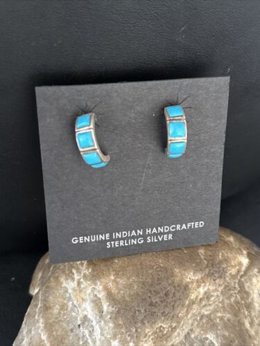 Navajo Blue Turquoise Inlay Earrings | Sterling Silver | 1" | Authentic Native American Handmade | 14776