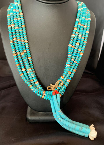 Native American Santo Domingo Spiny Blue Turquoise Shell Jacla Necklace | 5 Strand | 32" | 13192