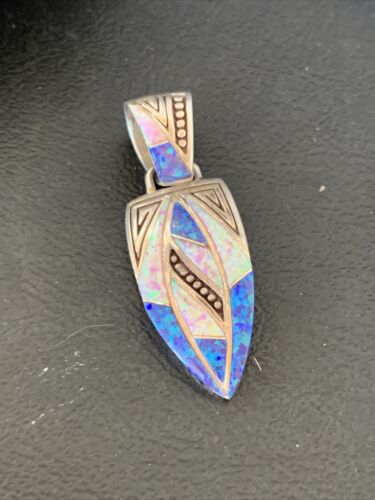 Authentic Native American Navajo Sterling Silver Pendant | Pink & Blue Opal Inlay | Handmade Jewelry | 12479
