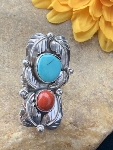 Navajo Royston Turquoise & Coral Ring | Authentic Native American Sterling Silver | Multi-Stone | Sz 8 | 01810