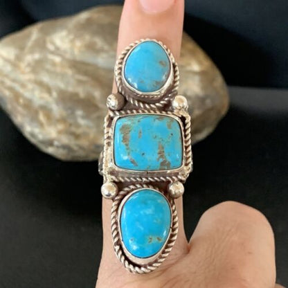 Navajo Blue Turquoise Cluster Ring | Authentic Native American Sterling Silver | Multi-Stone | Sz 10 | 2119