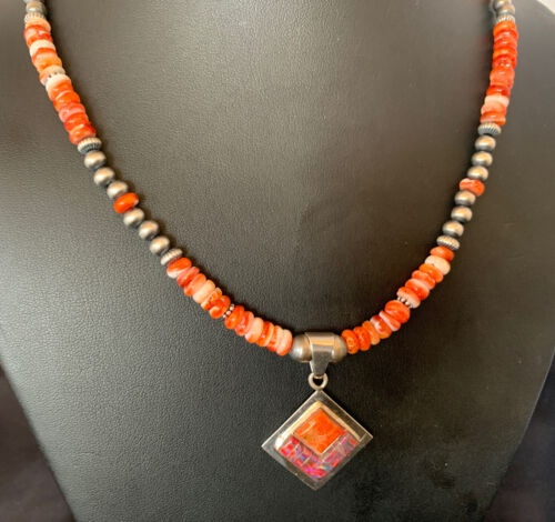 Navajo Pearls Red Spiny Oyster Opal Inlay Pendant Necklace | Sterling Silver | 22" | 12705