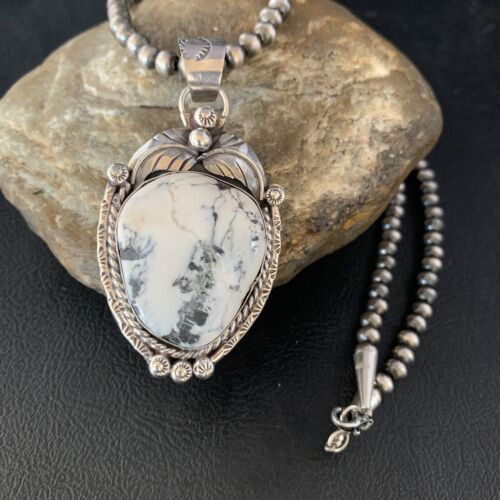 White Buffalo Turquoise Pendant Necklace | Sterling Silver | Navajo | Authentic Native American Handmade | 14053