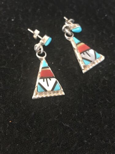 Navajo Sterling Silver Inlay Earrings | Coral Turquoise Onyx Mother of Pearl | Southwestern