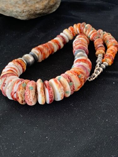 Navajo Red Spiny Oyster & Sterling Silver Graduated Necklace | Authentic Native American | 20" | 3242