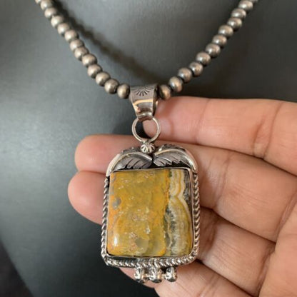Navajo Bumblebee Jasper Pendant Necklace | Sterling Silver | Authentic Native American Handmade | 13621 - Masha USA