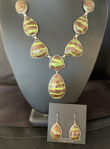 Navajo Green Gaspeite Necklace Choker Earrings Set | Sterling Silver Pendant | 19" | Authentic Native American Handmade | 13795
