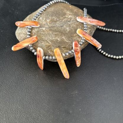 Navajo Orange Spiny Oyster Stick Bead Necklace | Sterling Silver | 20" | Authentic Native American Handmade | 14320