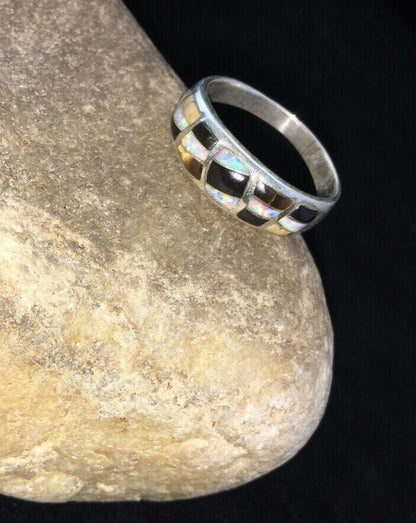 Navajo Men's White Opal & Black Onyx Inlay Ring | Sterling Silver | Sz 13.5 | Authentic Native American | 01789