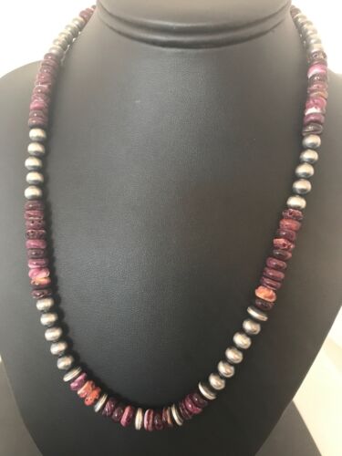 Navajo Purple Spiny Oyster & Turquoise Necklace | Sterling Silver | Authentic Native American | Single Strand | 20" | 11747