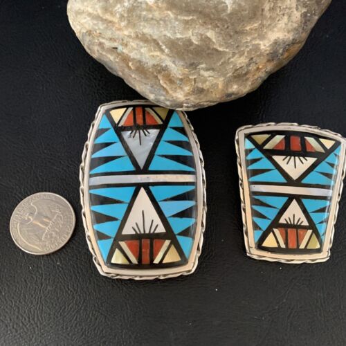 Zuni Bolo Tie Belt Buckle Ranger Set | Turquoise Mother of Pearl Coral | Sterling Silver | Native American Handmade | 14123