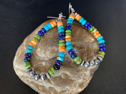 Navajo Multi-Color Lapis Spiny Turquoise Dangle Earrings | Sterling Silver | Authentic Native American Handmade | 12978