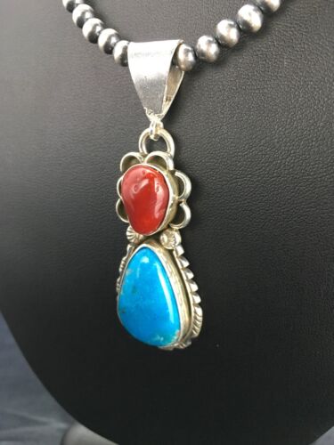 Navajo Turquoise & Coral Pendant Necklace | Sterling Silver | Authentic Native American Handmade | 2580