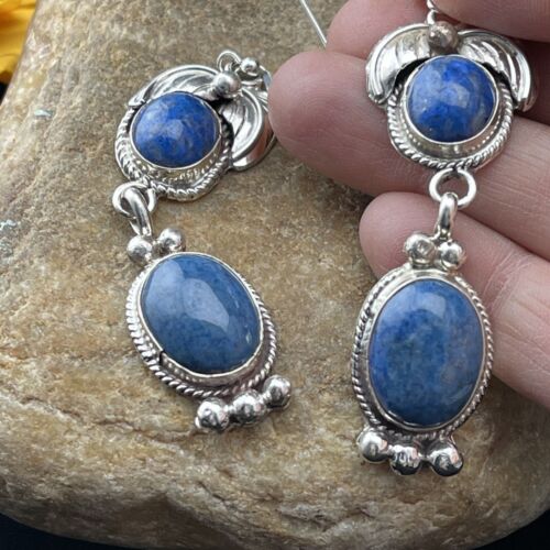 Navajo Denim Lapis Dangle Earrings | Sterling Silver | 2" | Authentic Native American Handmade | 01794