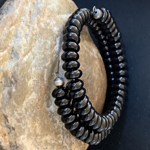 Memory Wire Stainless Steel Black Onyx Bead Bracelet | Sterling Silver | Native American Handmade | 01958