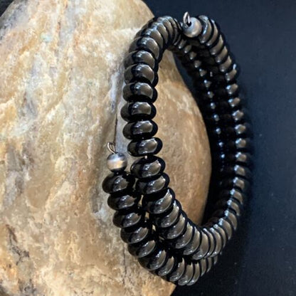 Memory Wire Stainless Steel Black Onyx Bead Bracelet | Sterling Silver | Native American Handmade | 01958