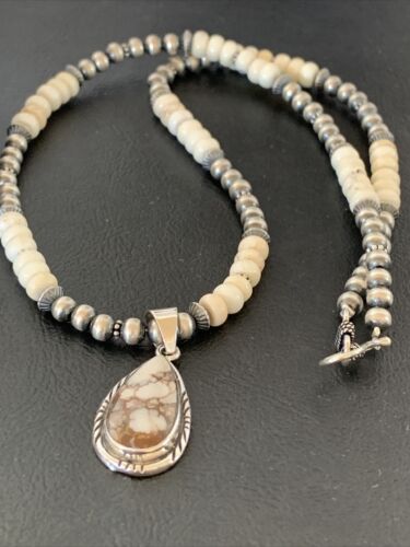 Navajo Pearls Wild Horse Turquoise Howlite Necklace Pendant | Sterling Silver | Authentic Native American Handmade | 1913