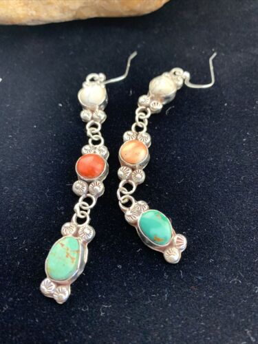 Navajo Spiny, Turquoise & Howlite Dangle Earrings | Sterling Silver | Authentic Native American Handmade | 01618