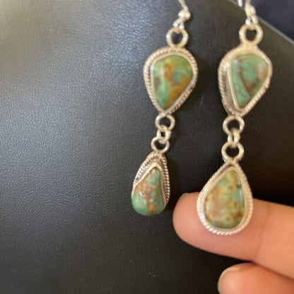 Native American Green Royston Turquoise Dangle Earrings | Navajo Handmade Sterling Silver | 1585