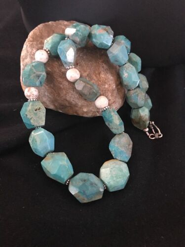 Chunky Turquoise Men's Necklace | Sterling Silver Faceted | Southwestern Navajo | 21" |  8140