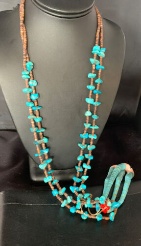 Santo Domingo Shell Blue Turquoise Bead Jacla Pendant Necklace | 30" | Authentic Native American Handmade | 13418