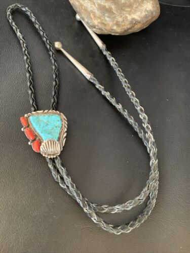Ultra Rare Men's Bolo Tie | Blue Kingman Turquoise & Coral | Sterling Silver | Navajo | 13669