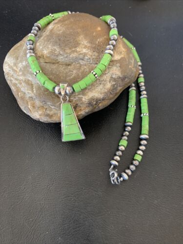 Native American Navajo Sterling Silver Necklace | Green Gaspeite Inlay Pendant | 12150