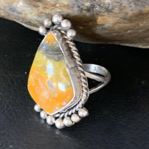 Navajo Yellow Bumble Bee Jasper Ring | Sterling Silver | Sz 9.5 | Authentic Native American Handmade | 13526