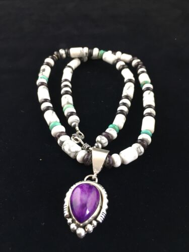 Navajo Purple Sugilite Turquoise Bead Necklace | Sterling Silver | 22" | Authentic Native American Handmade | 10033