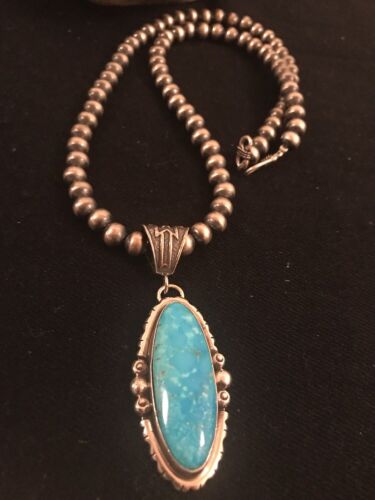 Navajo Yazzie Blue Turquoise Pendant 2.5" | Sterling Silver Necklace | Native American | 3232