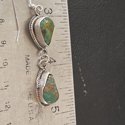 Native American Green Royston Turquoise Dangle Earrings | Navajo Handmade Sterling Silver | 1585