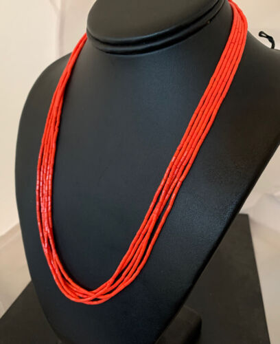 Red Stabilized Coral Heishi Necklace | 5-Strands | Sterling Silver | 20" | Authentic Native American Handmade | 00761