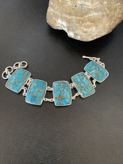 Navajo Blue Mojave Turquoise Link Bracelet | Sterling Silver | 8" | Authentic Native American Handmade | 11628