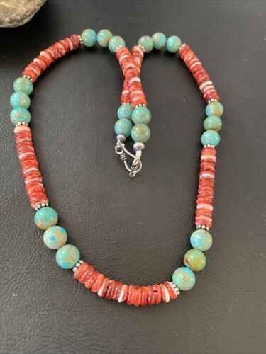 Men's Royston Turquoise & Red Spiny Necklace | Navajo Pearl | Sterling Silver | Native American | 22" | 02173