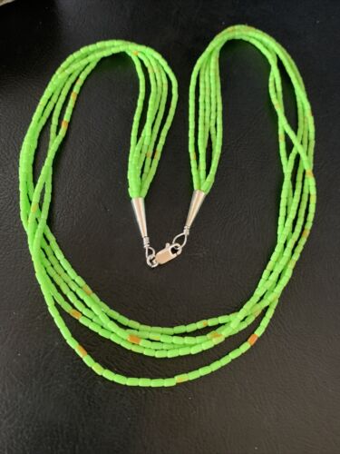 Native American Green Gaspeite Rice Heishi Necklace | 5 Strand | Sterling Silver | 20" | 12928