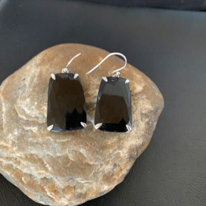 Navajo Black Faceted Quartz Dangle Earrings | Sterling Silver | 1" | Authentic Native American Handmade | 12087