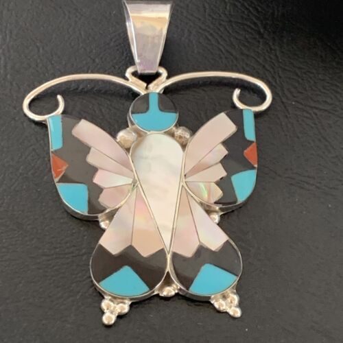 Zuni Blue Turquoise Coral Butterfly  Inlay Pendant | Sterling Silver Necklace | Authentic Native American Handmade | 11966