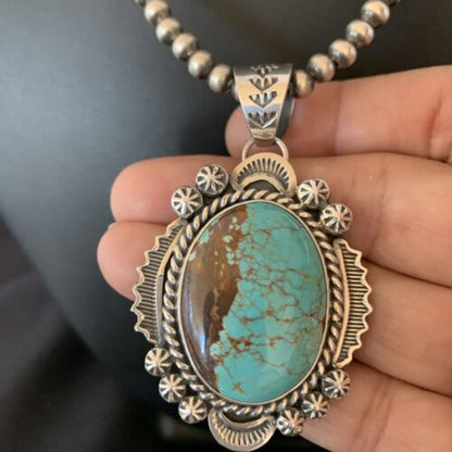 Men's Navajo Pearls Necklace | Sterling Silver | Blue #8 Turquoise Pendant | Authentic Native American Handmade | 10867