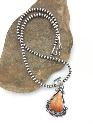 Navajo Orange Spiny Oyster Pendant Necklace | Sterling Silver Pearls | Authentic Native American Handmade | 4883